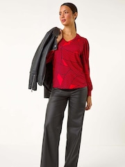 Roman Red Geometric V-Neck Stretch Top - Image 2 of 5
