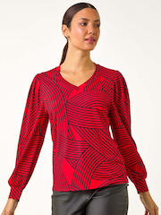 Roman Red Geometric V-Neck Stretch Top - Image 4 of 5