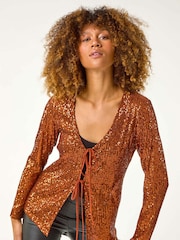 Roman Brown Front Tie Sequin Detail Top - Image 1 of 5
