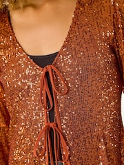 Roman Brown Front Tie Sequin Detail Top - Image 5 of 5