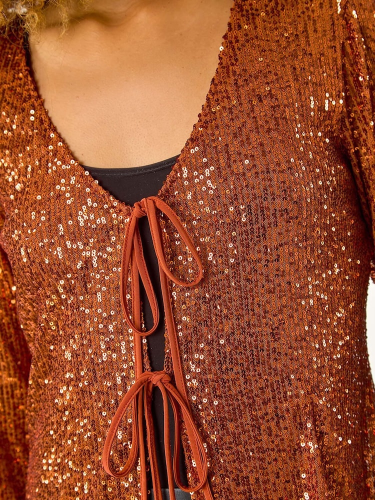 Roman Brown Front Tie Sequin Detail Top - Image 5 of 5