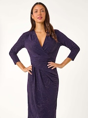 Roman Purple Sparkle Floral Stretch Wrap Dress - Image 2 of 5