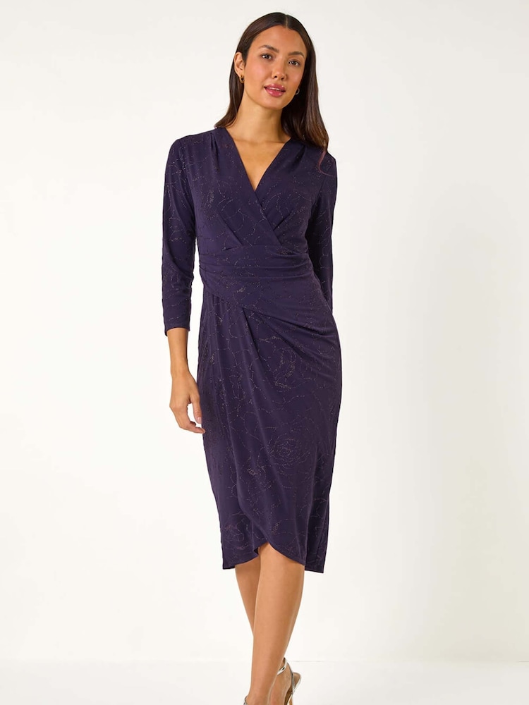 Roman Purple Sparkle Floral Stretch Wrap Dress - Image 5 of 5