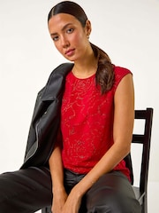 Roman Red Glitter Rose Bow Back Vest Top - Image 1 of 5