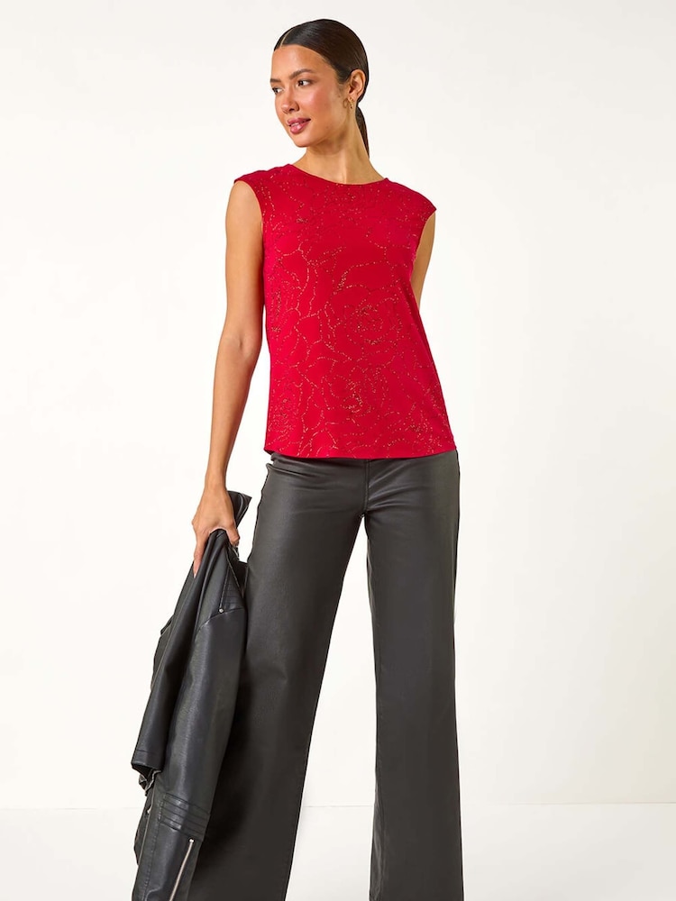 Roman Red Glitter Rose Bow Back Vest Top - Image 2 of 5