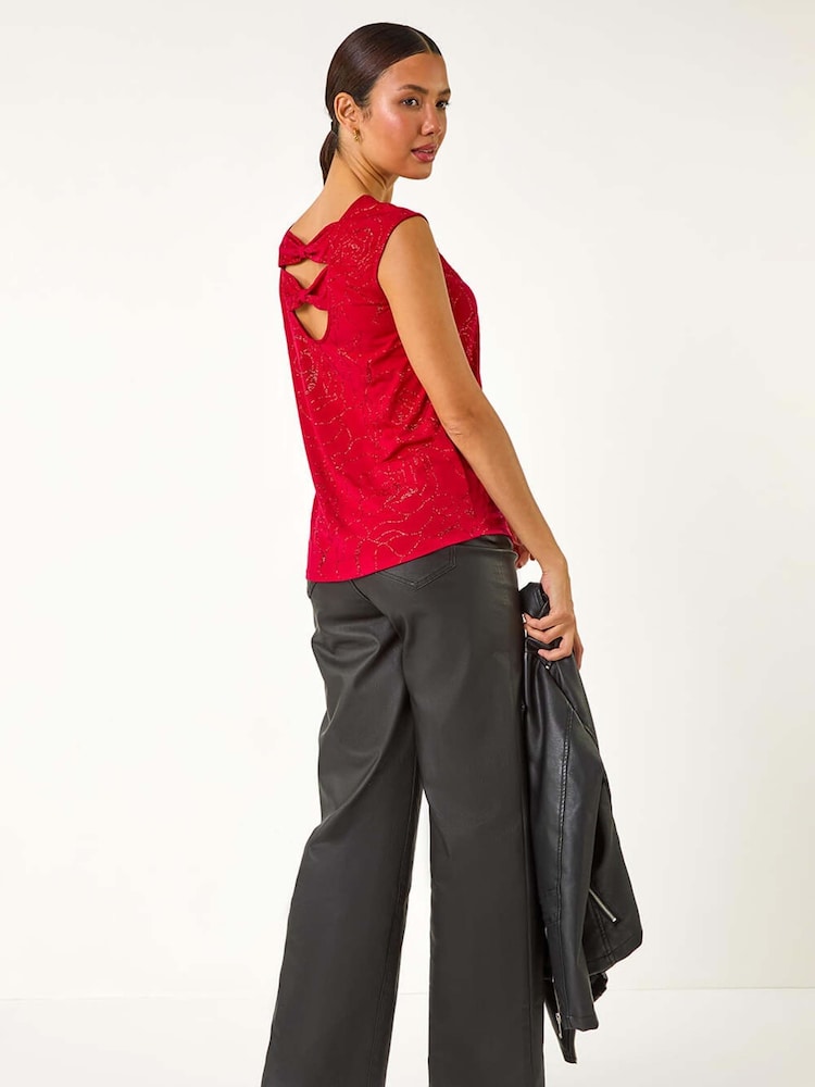 Roman Red Glitter Rose Bow Back Vest Top - Image 3 of 5