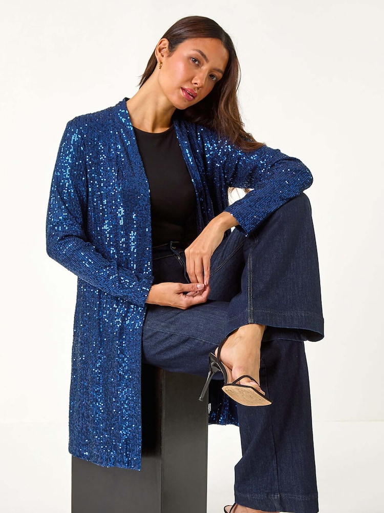 Roman Blue Longline Sequin Stretch Jacket - Image 1 of 5