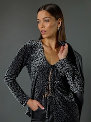 Roman Grey Velvet Front Tie Animal Print Burnout Cardigans - Image 3 of 9
