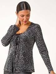 Roman Grey Velvet Front Tie Animal Print Burnout Cardigans - Image 5 of 9