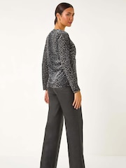 Roman Grey Velvet Front Tie Animal Print Burnout Cardigans - Image 7 of 9