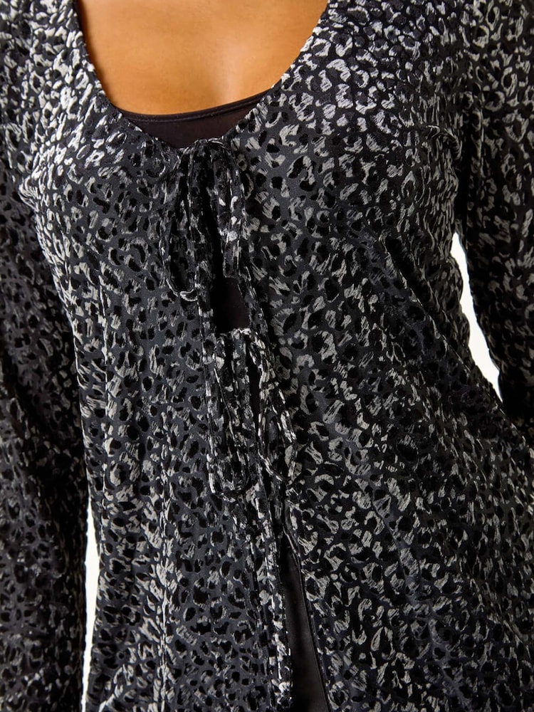 Roman Grey Velvet Front Tie Animal Print Burnout Cardigans - Image 9 of 9