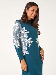 Roman Green Floral Print Jacquard Knitted Dress - Image 1 of 5