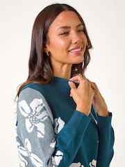 Roman Green Floral Print Jacquard Knitted Dress - Image 3 of 5