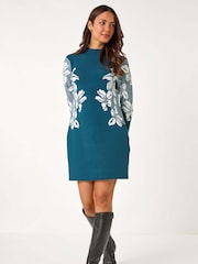 Roman Green Floral Print Jacquard Knitted Dress - Image 4 of 5