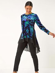 Roman Green Floral Print Velvet Chiffon Hem Top - Image 1 of 5