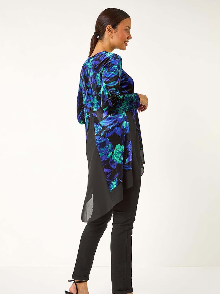 Roman Green Floral Print Velvet Chiffon Hem Top - Image 2 of 5