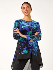 Roman Green Floral Print Velvet Chiffon Hem Top - Image 4 of 5
