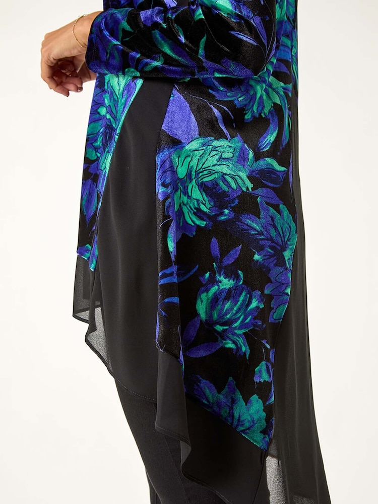 Roman Green Floral Print Velvet Chiffon Hem Top - Image 5 of 5