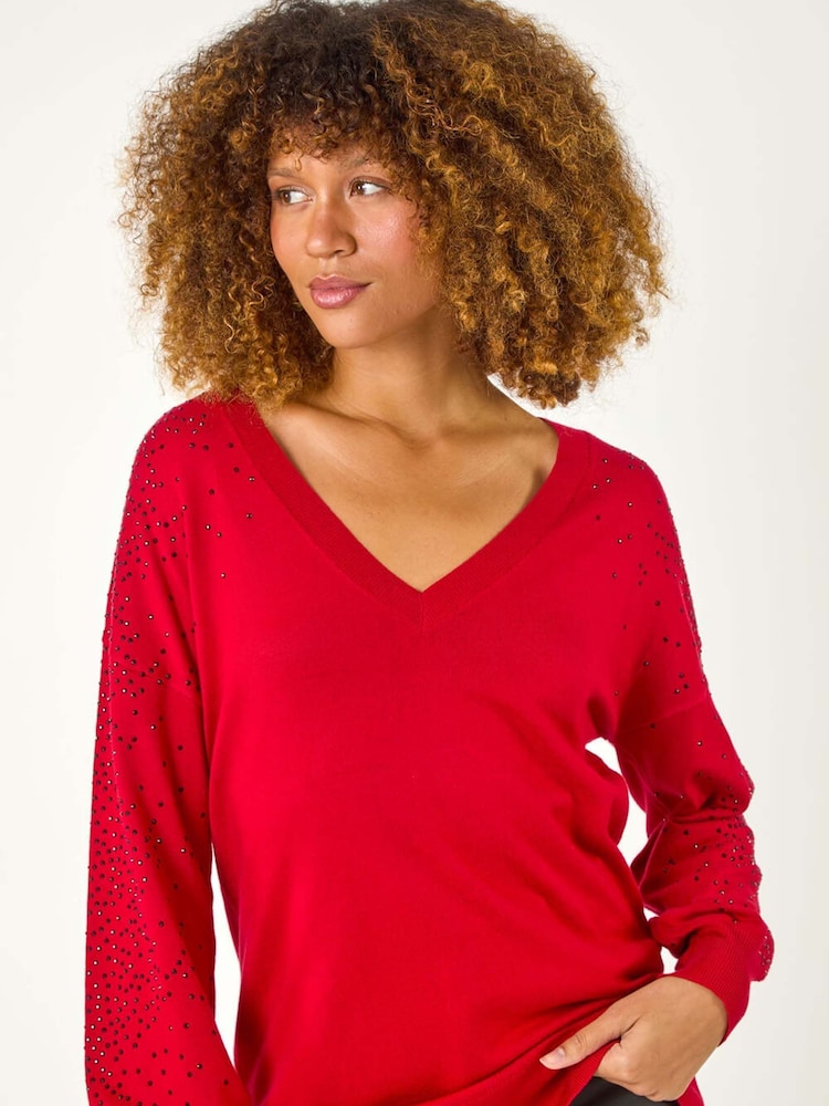 Roman Red V-Neck Boyfriend Hotfix Jumper - Image 1 of 5