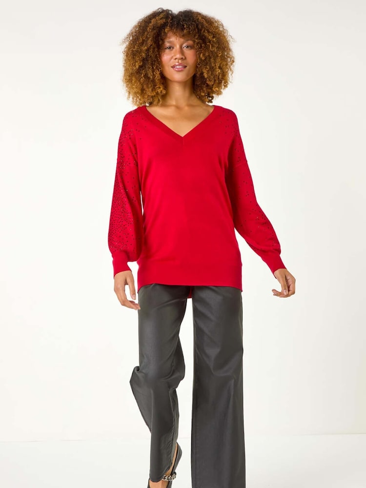 Roman Red V-Neck Boyfriend Hotfix Jumper - Image 2 of 5