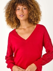 Roman Red V-Neck Boyfriend Hotfix Jumper - Image 4 of 5
