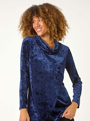 Roman Blue Velvet Cowl Neck Stretch Top - Image 1 of 5