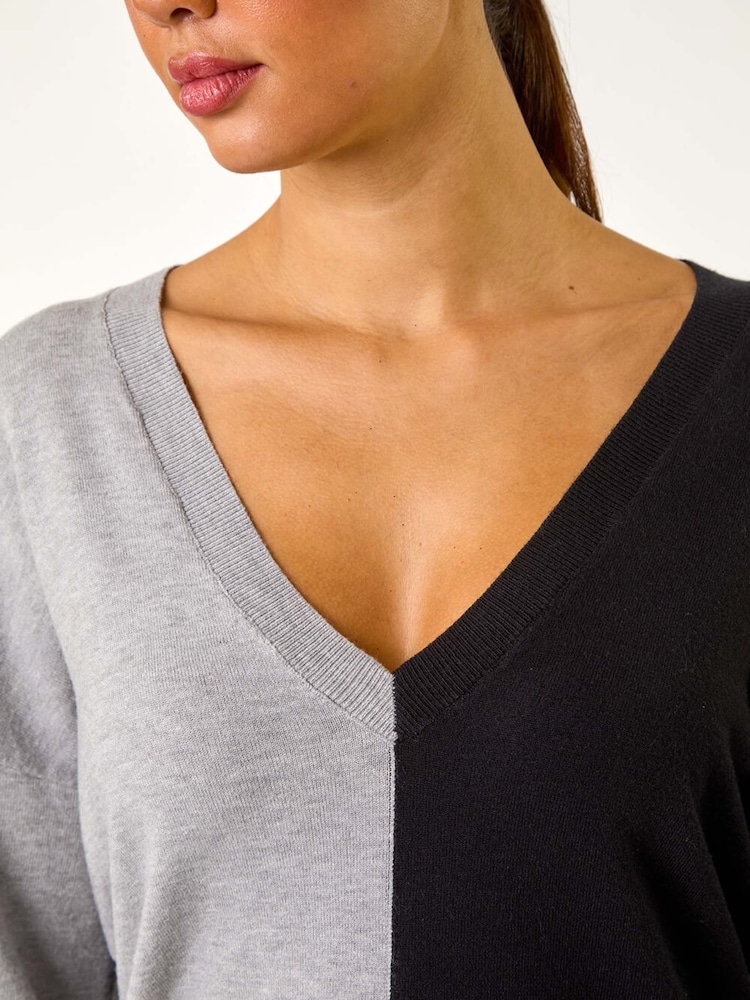 Roman Grey V-Neck Colour Block Knit Jumper - Image 6 of 6