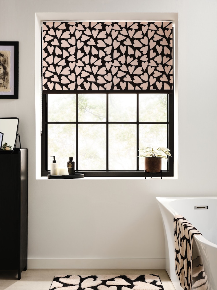 Black/White Ready Made Blackout Bathroom Roller Heart Print Blinds - Image 1 of 8