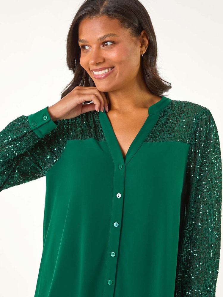 Green - Roman Sequin Embellished Detail Blouse - Image 1 of 5