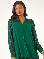 Green - Roman Sequin Embellished Detail Blouse - Image 3 of 5