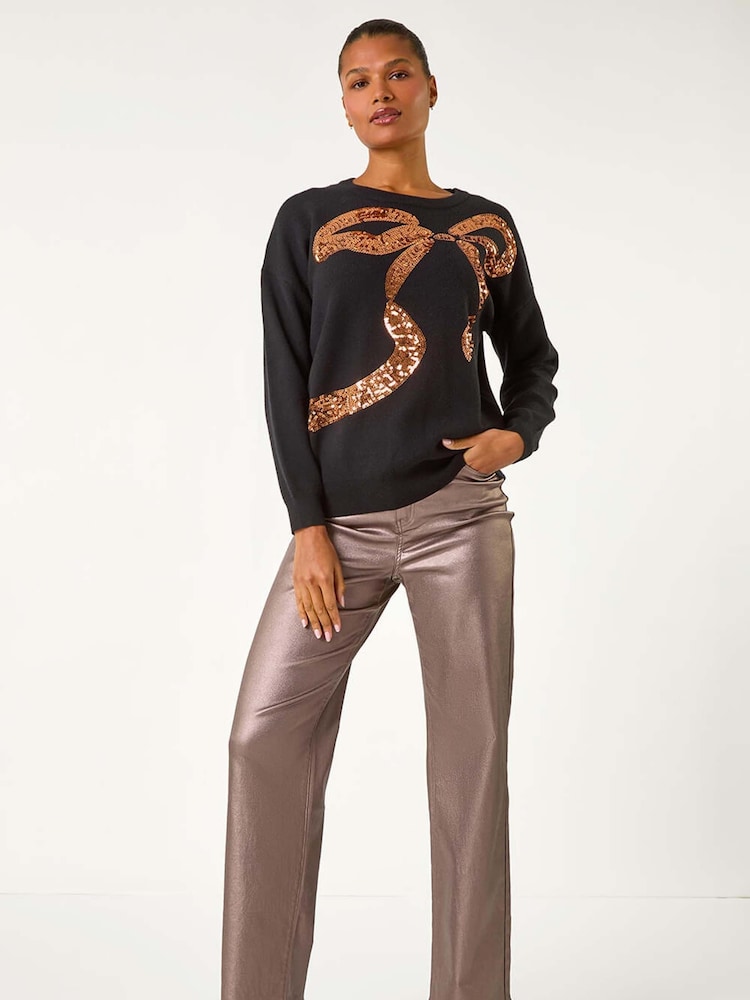 Roman Black Bow Sequin Detail Knit Jumper - Image 2 of 5