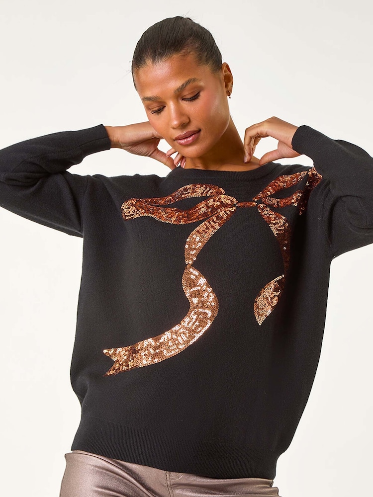 أسود - Roman Bow Sequin Detail Knit Jumper - Image 4 of 5