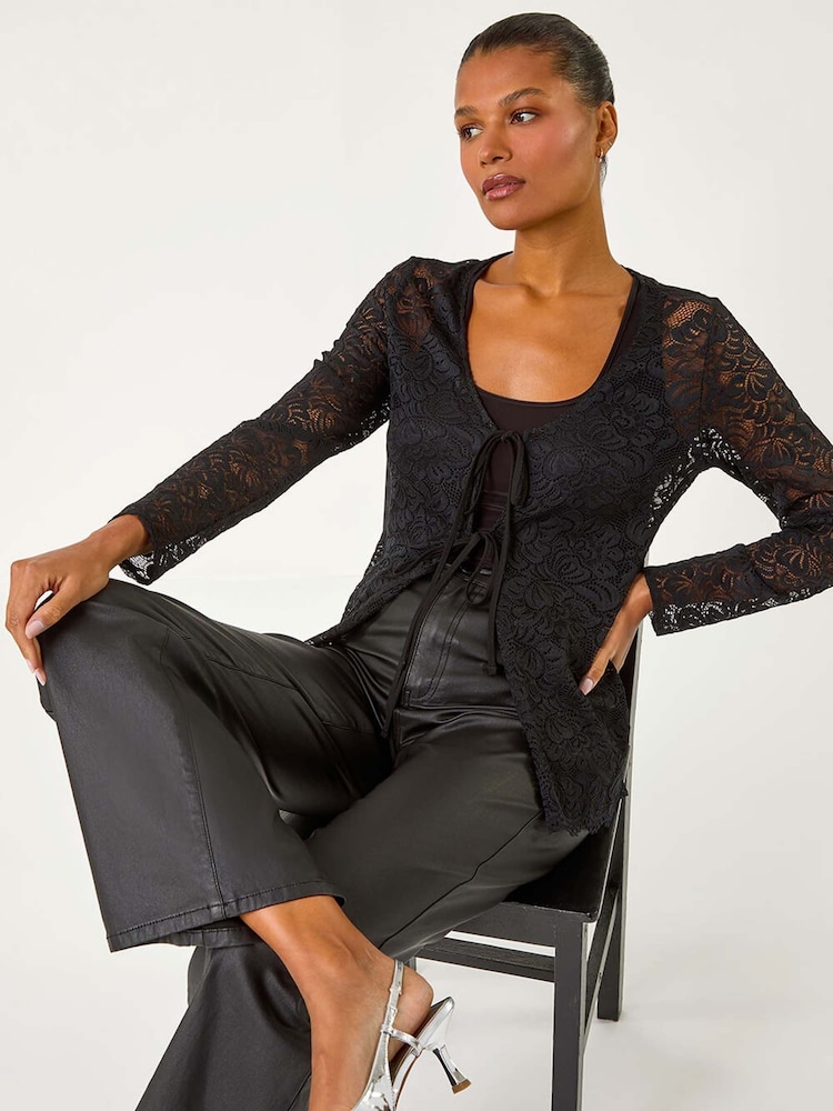 Roman Black Front Tie Lace Cardigans - Image 1 of 6