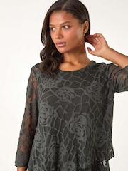 Roman Green Burnout Rose Print Detail Asymmetric Tunic - Image 1 of 5