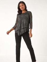 Roman Green Burnout Rose Print Detail Asymmetric Tunic - Image 2 of 5