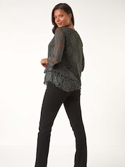 Roman Green Burnout Rose Print Detail Asymmetric Tunic - Image 3 of 5