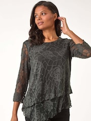 Roman Green Burnout Rose Print Detail Asymmetric Tunic - Image 4 of 5