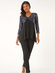 Roman Purple Sequin Bodice V-Neck Stretch Tunic Top - Image 1 of 5