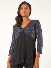 Roman Purple Sequin Bodice V-Neck Stretch Tunic Top - Image 2 of 5