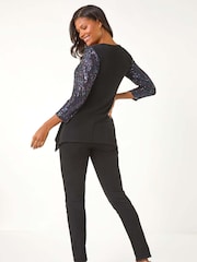 Roman Purple Sequin Bodice V-Neck Stretch Tunic Top - Image 3 of 5