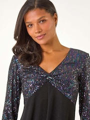 Roman Purple Sequin Bodice V-Neck Stretch Tunic Top - Image 4 of 5