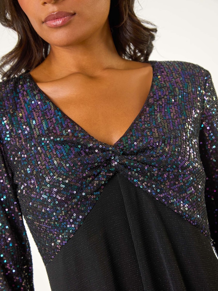 Roman Purple Sequin Bodice V-Neck Stretch Tunic Top - Image 5 of 5
