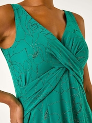 Roman Green Floral Print Glitter Midi Stretch Dress - Image 2 of 5