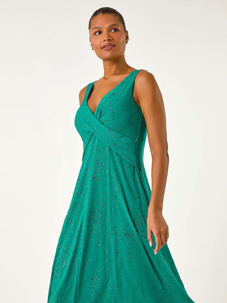 Roman Floral Print Glitter Midi Stretch Dress - Image 5 of 5 Roman Floral Print Glitter Midi Stretch Dress - Image 5 of 5