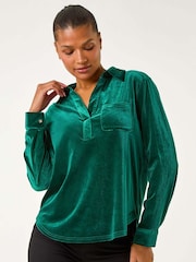 Roman Green Collared Velvet Stretch Shirt - Image 1 of 5