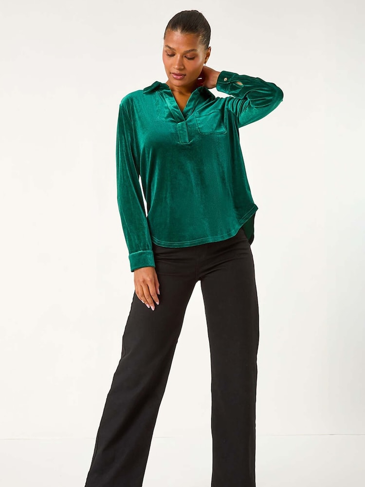 Roman Green Collared Velvet Stretch Shirt - Image 2 of 5