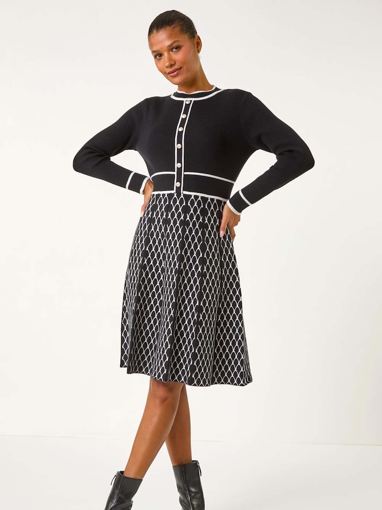 Roman Black Button Detail Knitted Midi Dress - Image 1 of 5