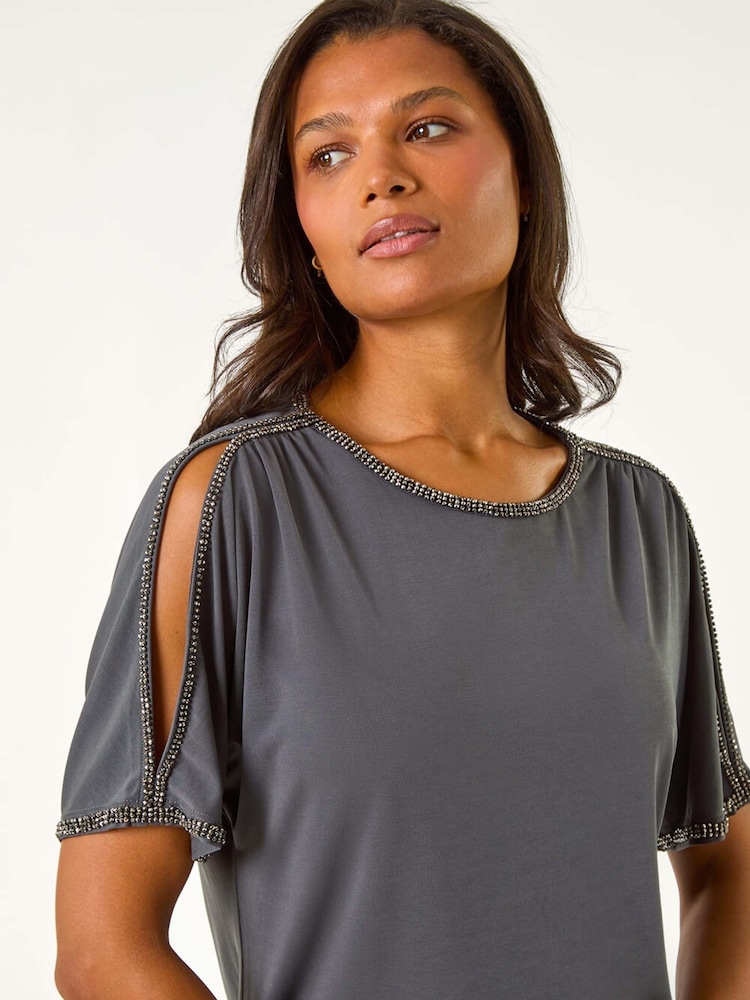 Roman Grey Sparkle Trim Soft Stretch Top - Image 1 of 6