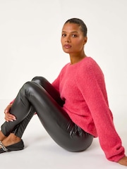Roman Black Faux Fur Leather Stretch Leggings - Image 1 of 5