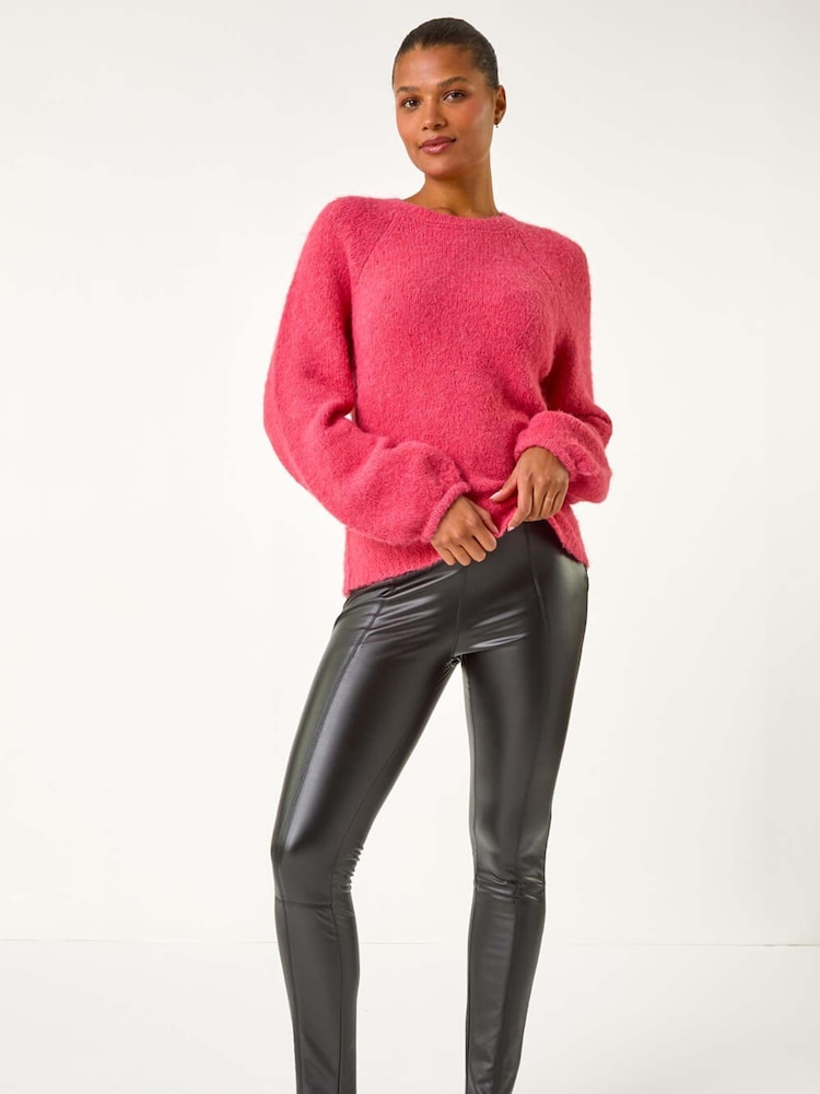 Roman Black Faux Fur Leather Stretch Leggings - Image 2 of 5